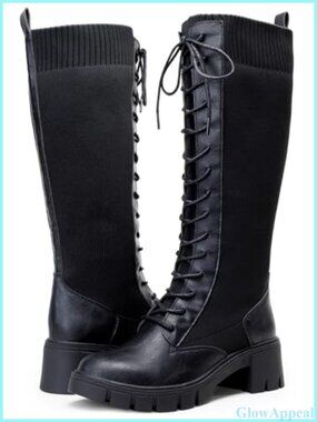 Lace Up Platform Chunky Heel Knee High Combat Boots